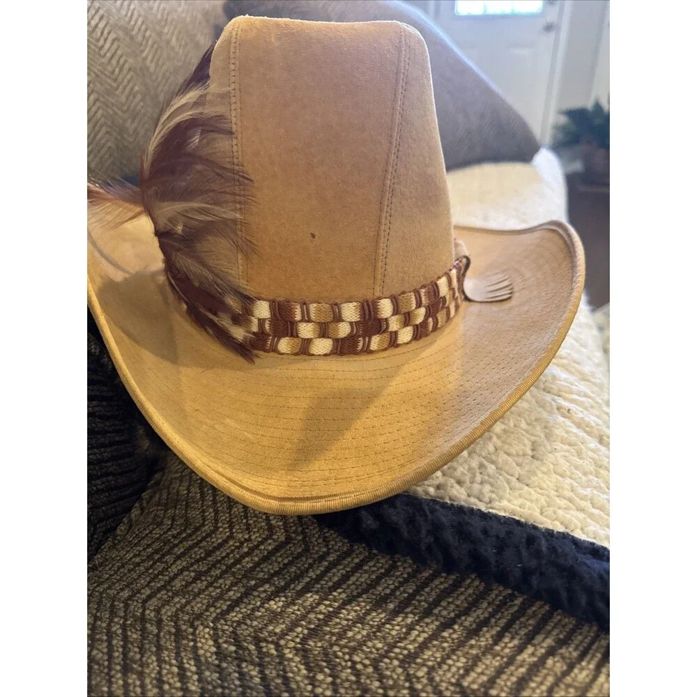 HENSCHEL Westerns Vintage Beige Suede Leather Wide Brim Cowboy Hat Sz 7 1/4